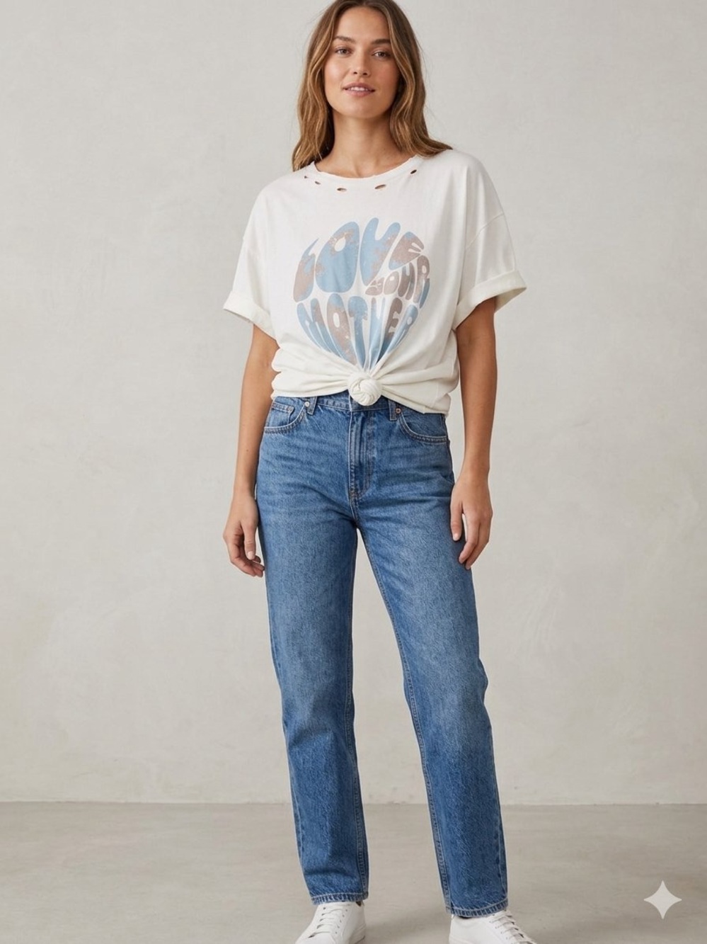 Relaxed White Short Sleeve Graphic Tee with Blue & Tan Print